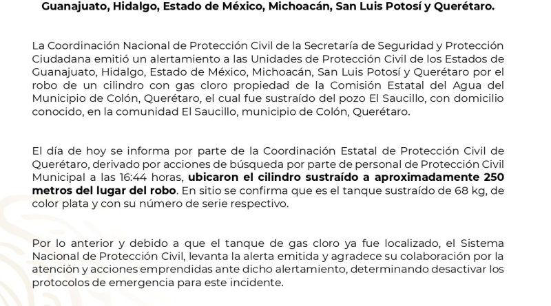 🚨URGENTE! ⚠️ALERTA EN SEIS ESTADOS POR ROBO DE CILINDRO DE GAS CLORO:PUEDE SER LETAL